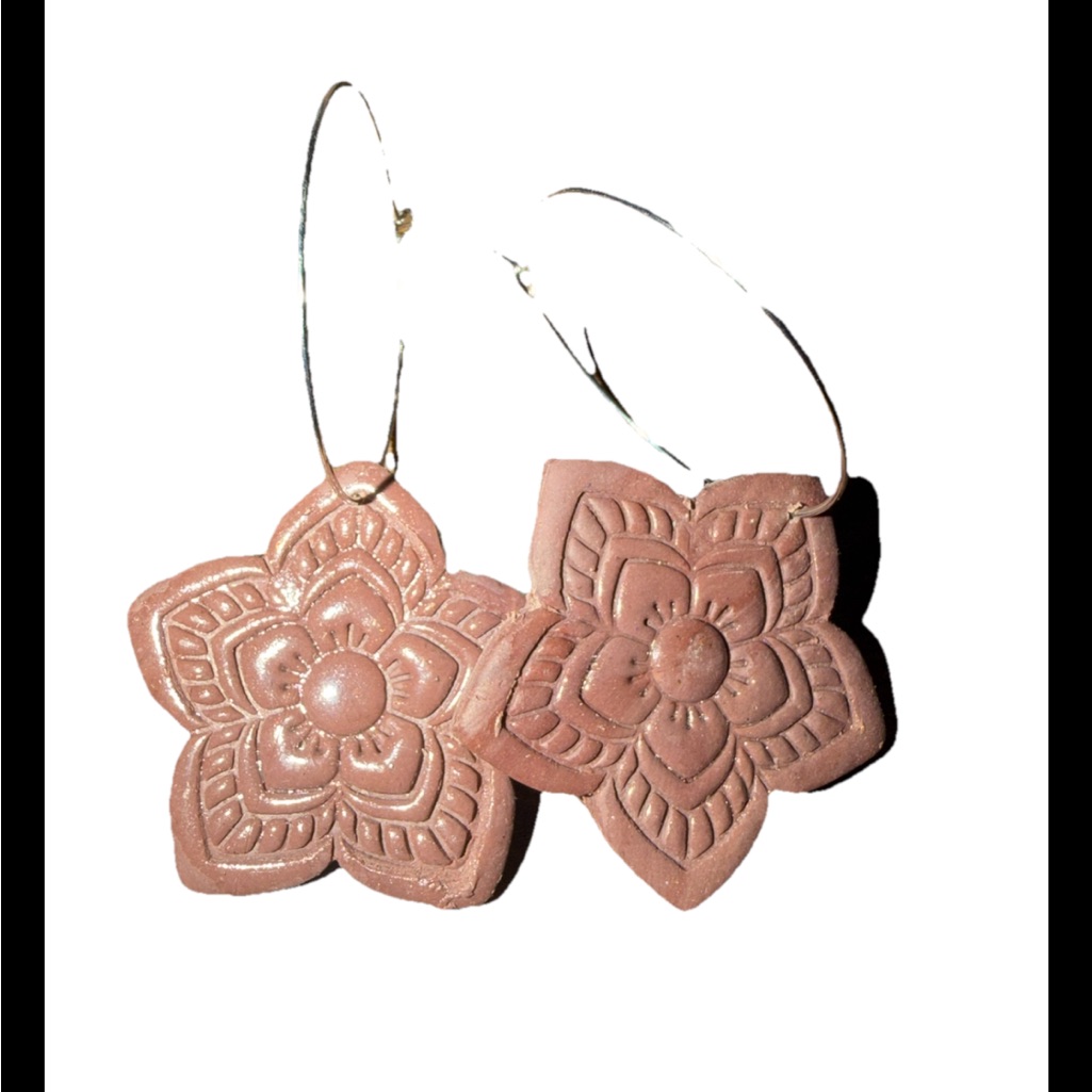 Floral Carved Brown Hoop Earrings - Women Jewelry